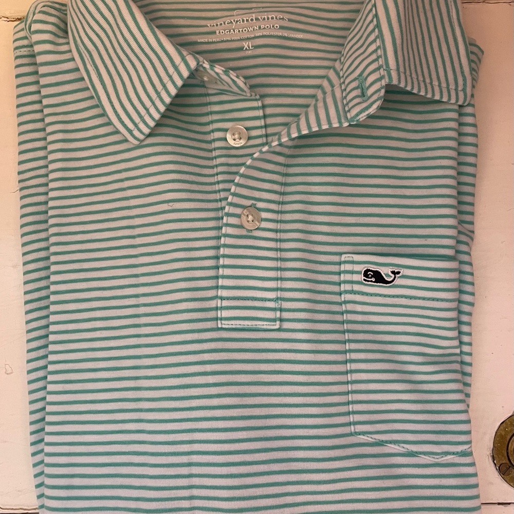 Vineyard Vines Boys Green and White Striped Polo Shirt Size XL